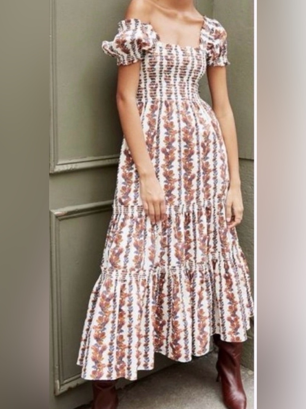 O.P.T Maxi Dress with Rust Floral Puff Sleeves